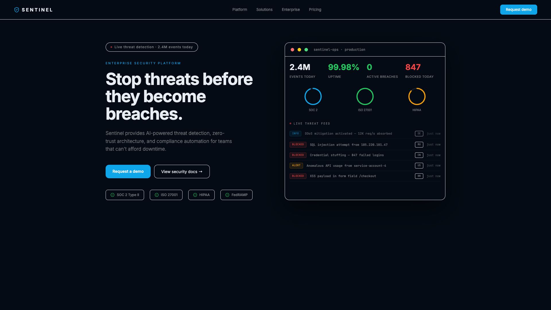 Sentinel — Enterprise Security SaaS Hero